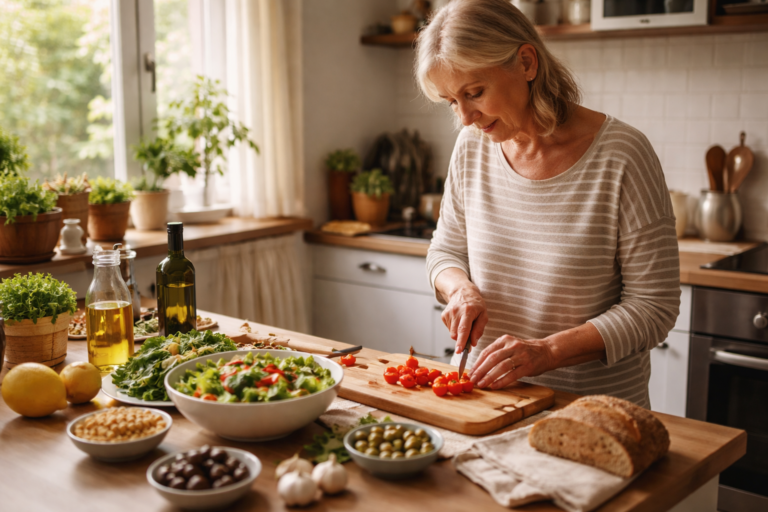 A woman slicing cherry tomatoes on a wooden board in a sunlit kitchen