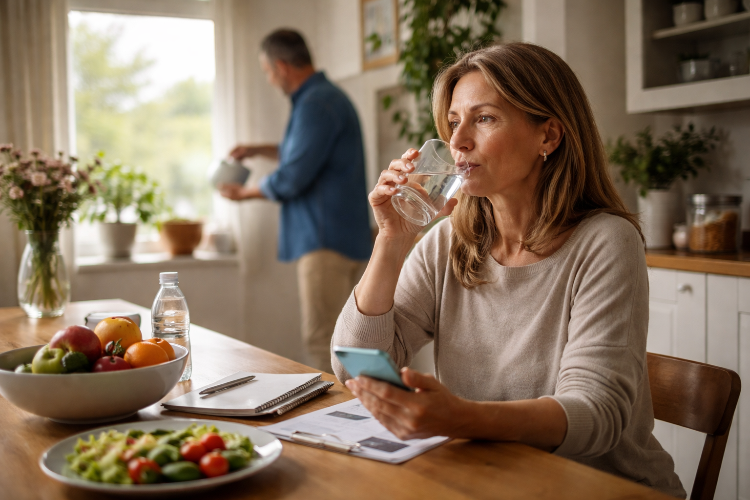 A woman sits at a kitchen table drinking a glass of water while holding a phone