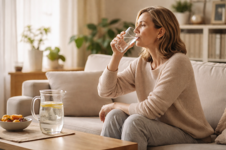 A woman sitting on a couch drinking a glass of water in a softly lit living room