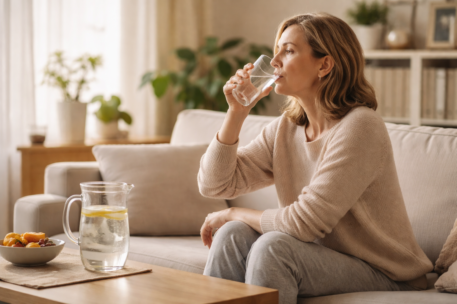 A woman sitting on a couch drinking a glass of water in a softly lit living room