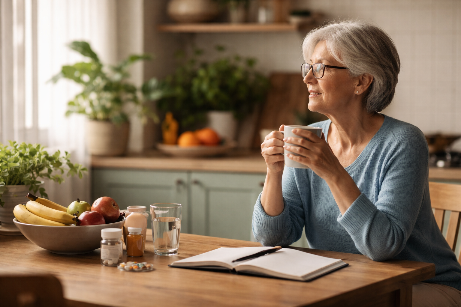 An older woman sits at a wooden table holding a mug and looking out a bright window