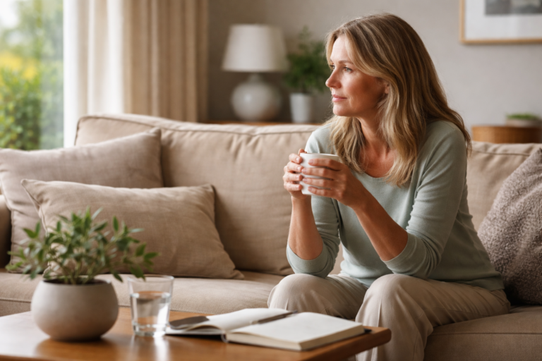A woman sits on a beige couch holding a mug while gazing out a window in soft daylight