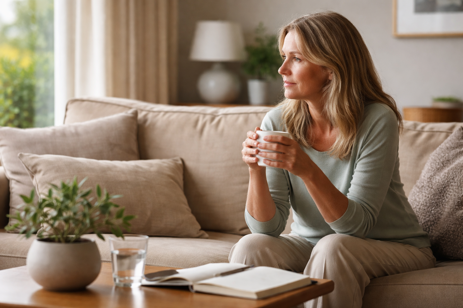 A woman sits on a beige couch holding a mug while gazing out a window in soft daylight