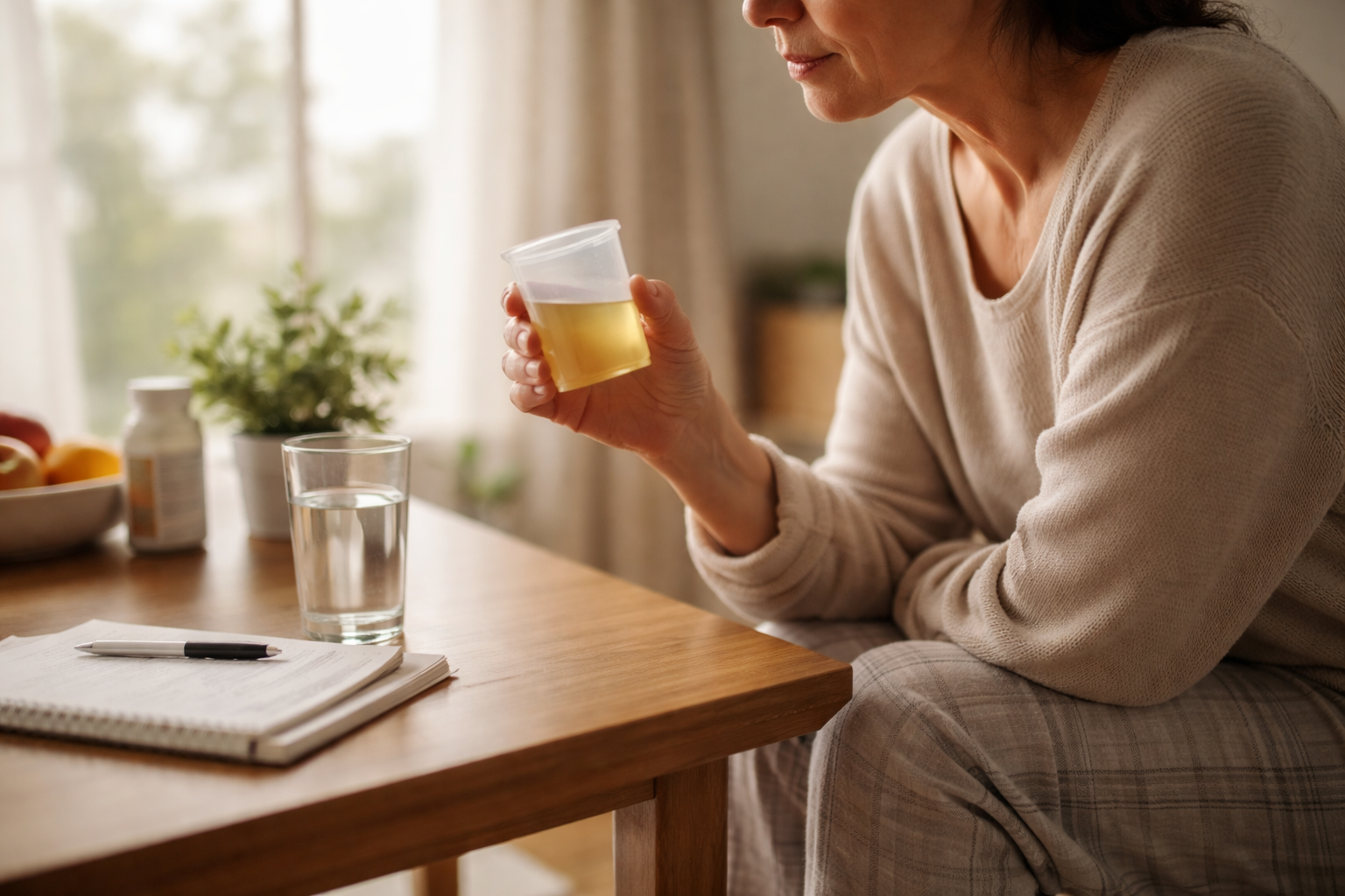A woman sits by a bright window holding a small clear cup while looking at it