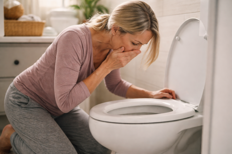 Woman kneeling beside a white toilet with hand covering her mouth