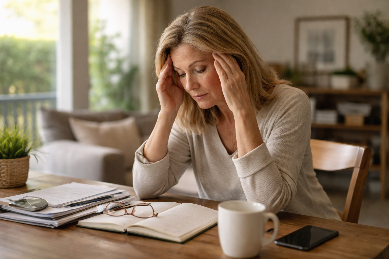 A woman seated at a table glances down at an open notebook with a coffee mug nearby