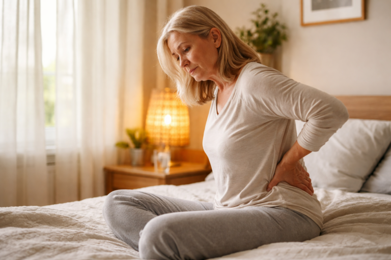 A woman looking down while sitting on a bed in a peaceful home setting