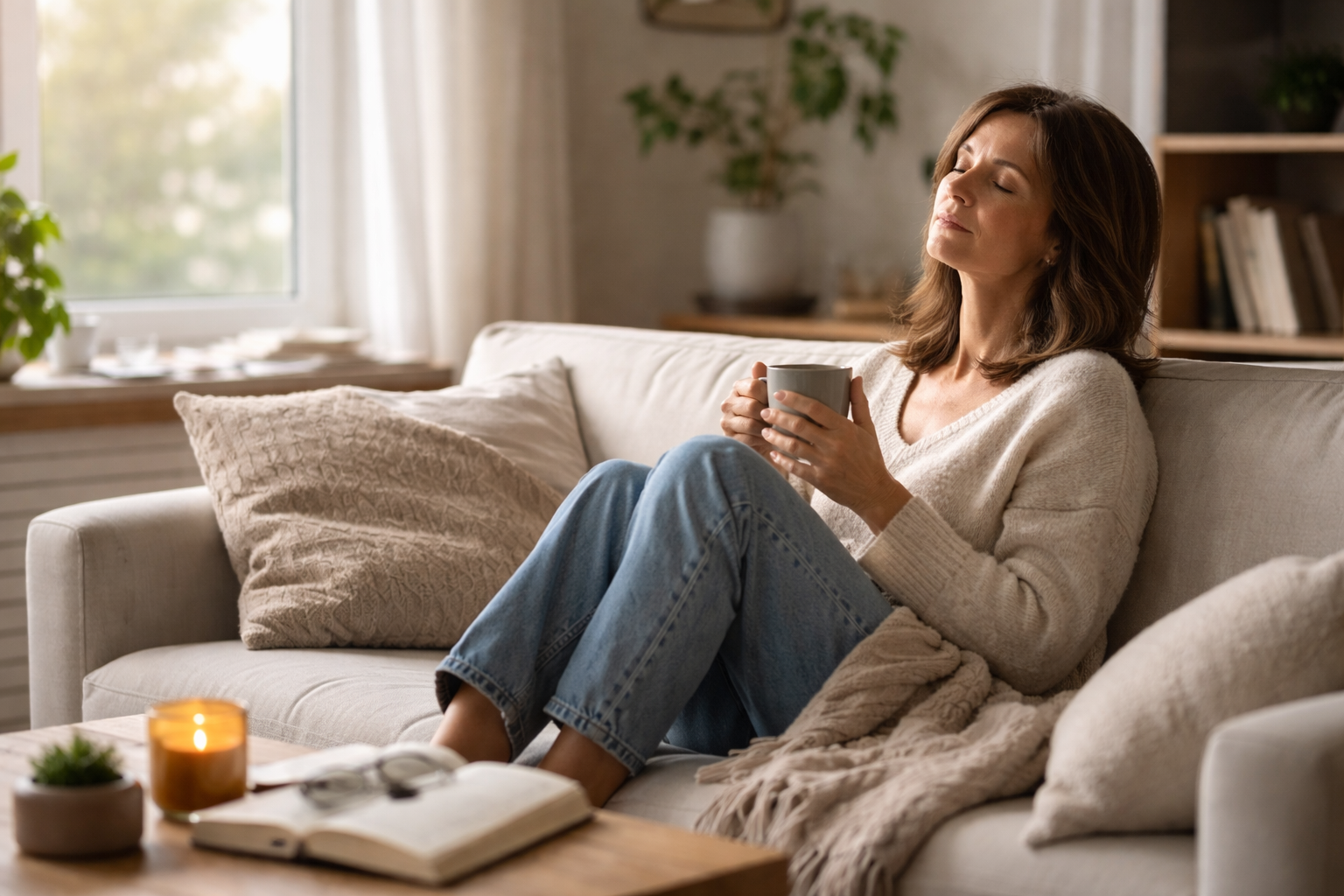 A woman stands by a window with raindrops on the glass, arms loosely crossed as she gazes outside