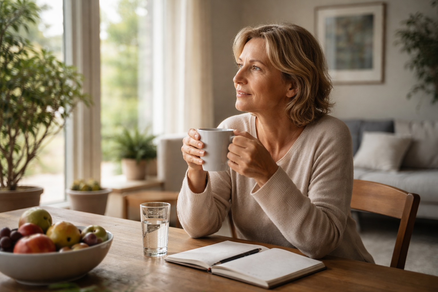A woman sits at a wooden table holding a mug while looking out a bright window