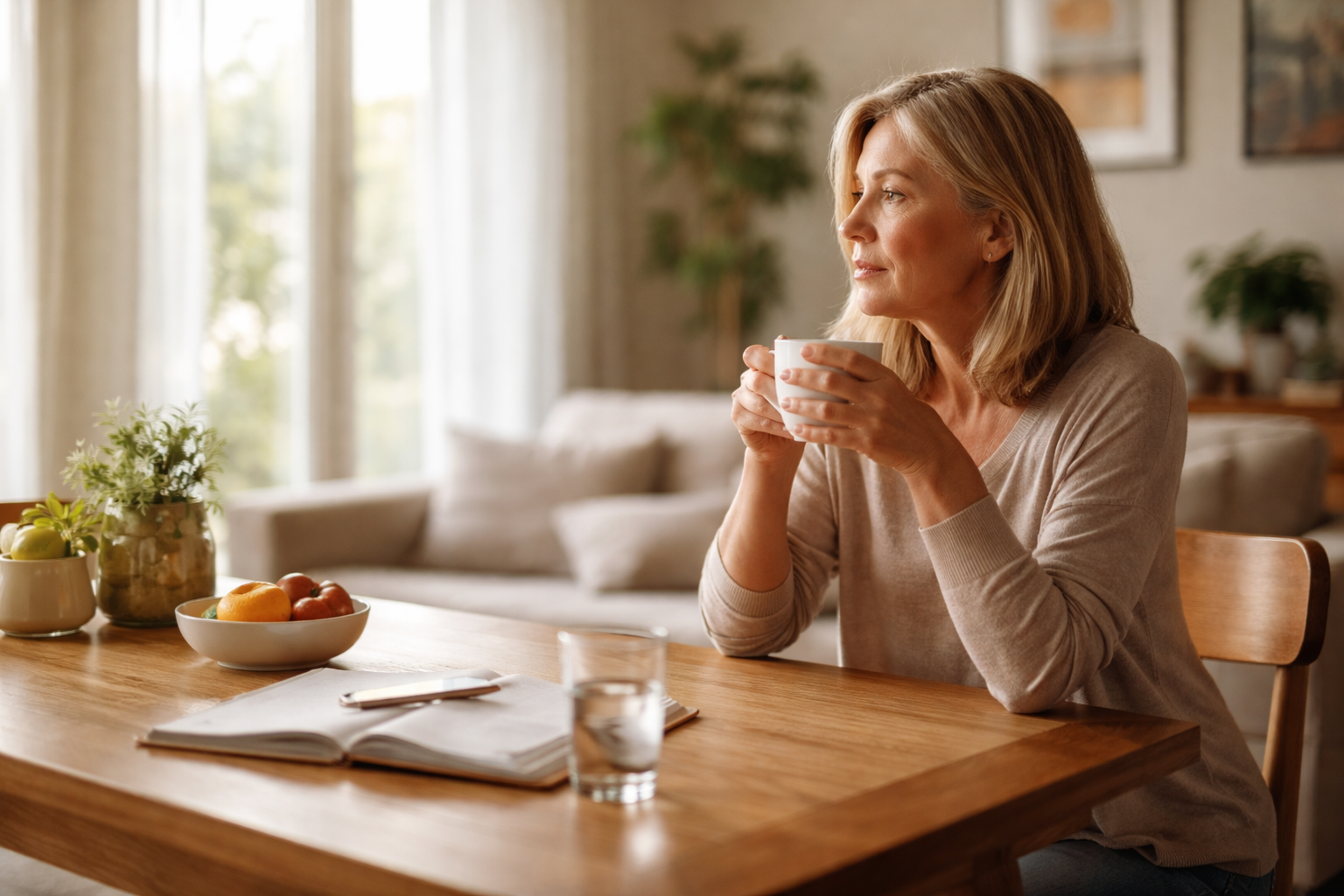 A woman sits at a wooden table holding a mug, looking out a sunlit window