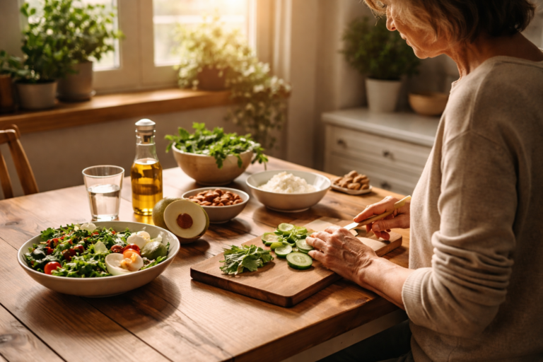 A woman slices cucumbers on a wooden board beside a sunlit window in a cozy kitchen