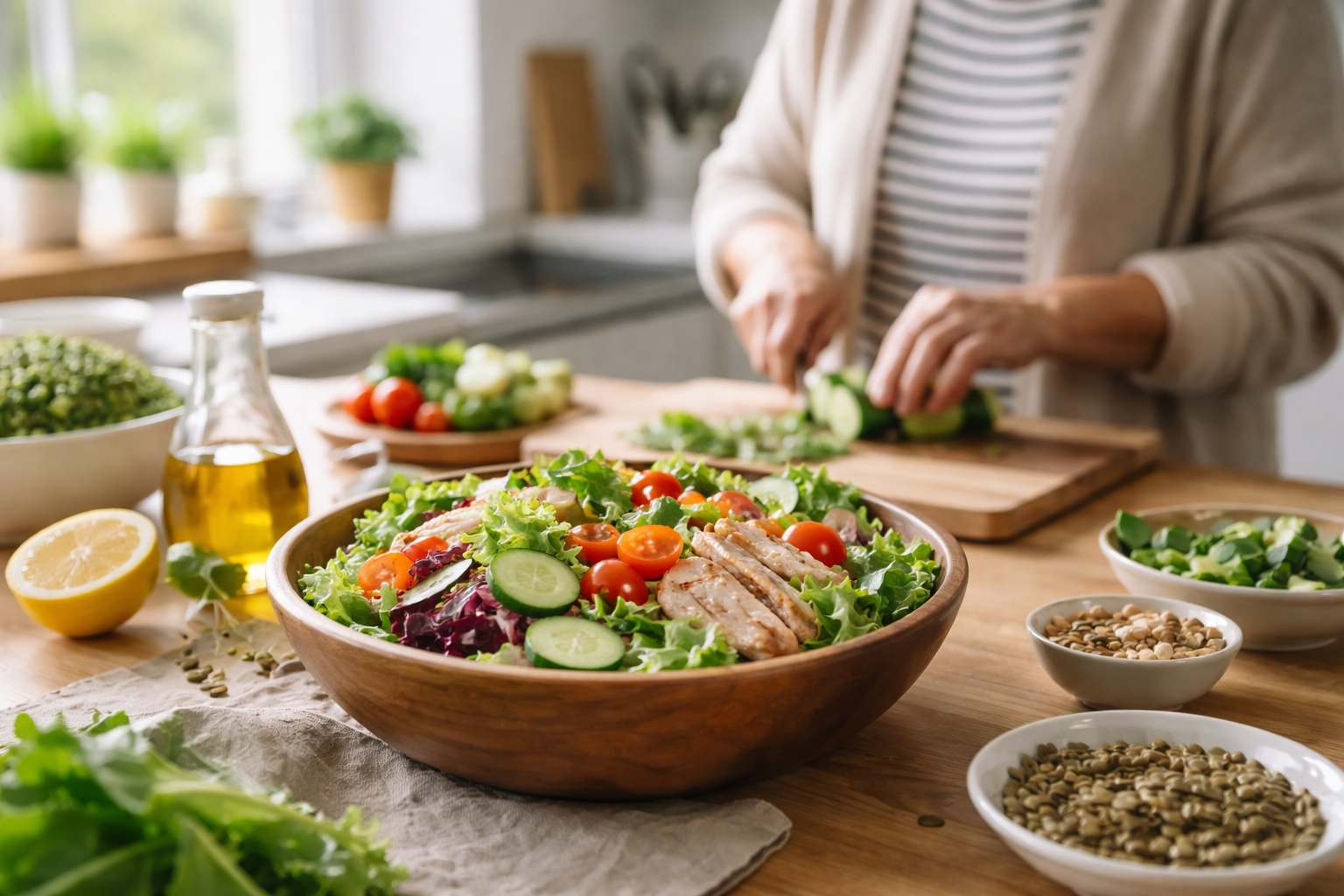 A woman slicing cucumbers on a wooden board in a bright kitchen with a fresh salad bowl nearby