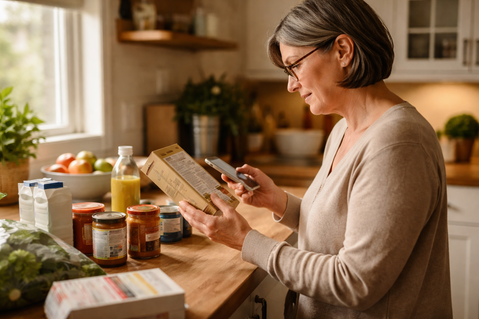 A woman in a warm kitchen looks closely at a box while holding her phone