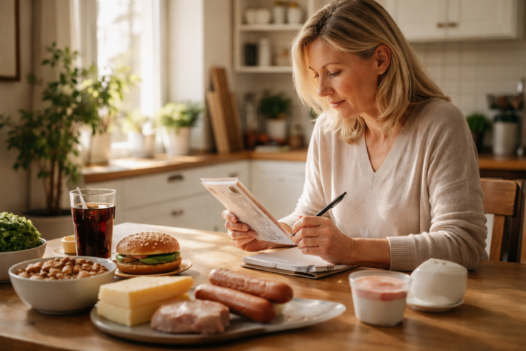 A woman sits at a wooden kitchen table reading a package label while holding a pen and notebook