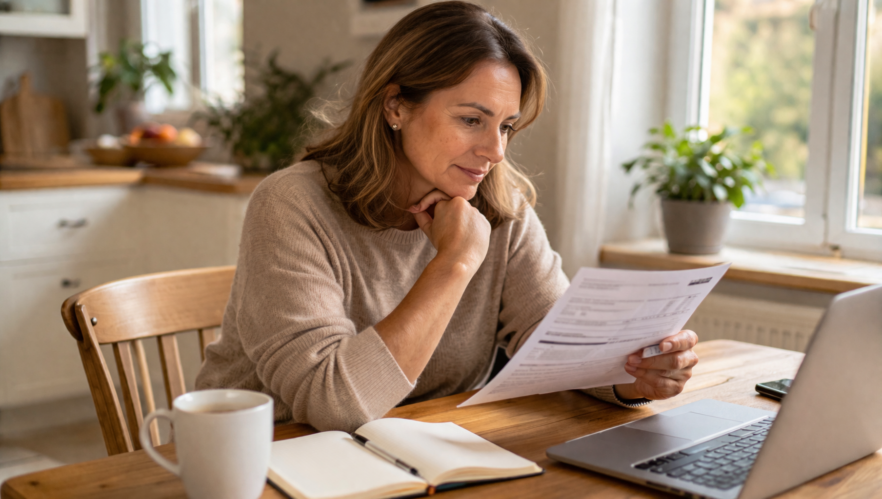 A woman sits at a wooden table by a window, reading a sheet of paper with a thoughtful expression