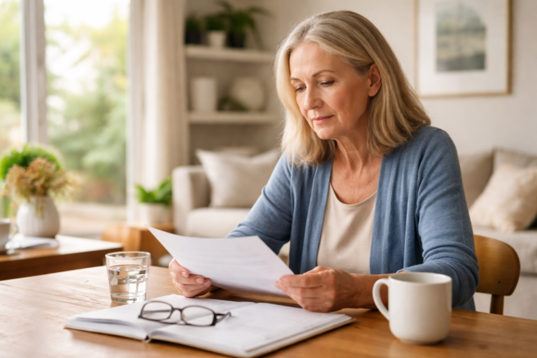 A woman sits at a wooden table reading a sheet of paper with a calm expression