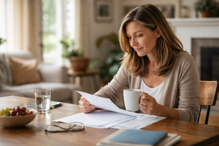 A woman sits at a wooden table reading a paper while holding a mug in a softly lit room