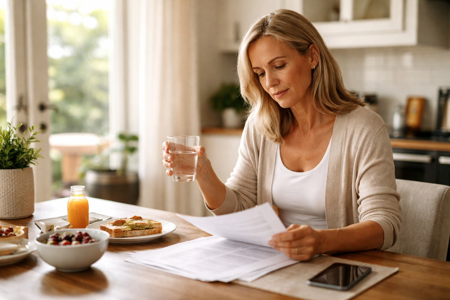 A woman sits at a wooden kitchen table reading papers while holding a glass of water