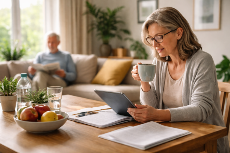 A woman sits at a wooden table holding a mug while looking at a tablet in a bright living room