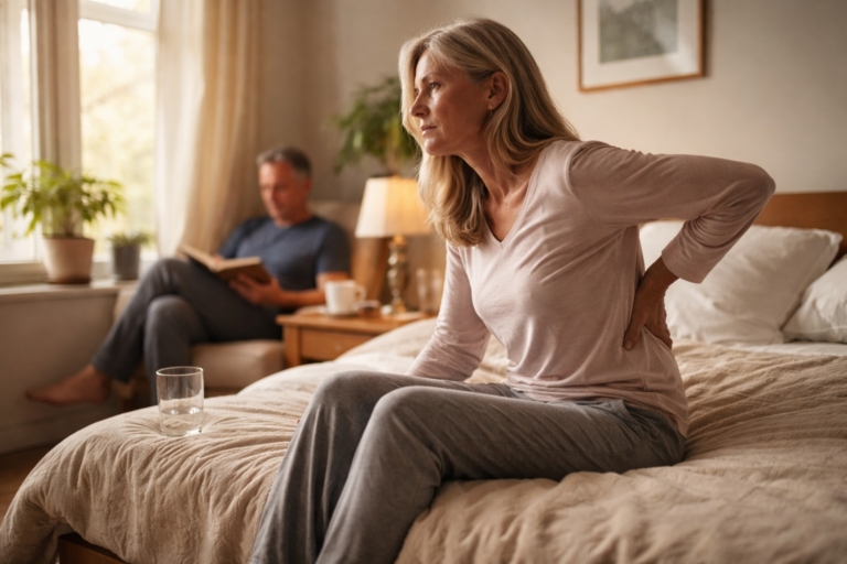 A woman sitting on a bed with one hand on her lower back while daylight enters through a nearby window