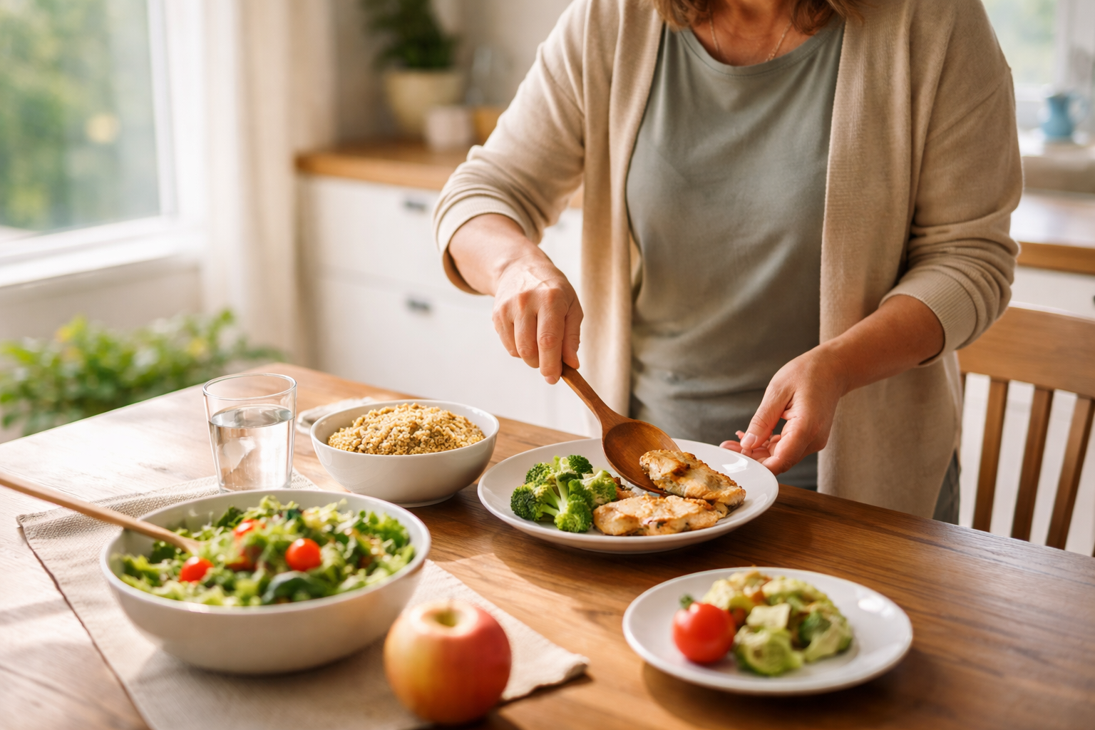 A woman uses a wooden spoon to serve grilled chicken and broccoli onto a small white plate
