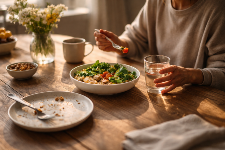 A woman sits at a wooden kitchen table with a half-finished plate of food in front of her, looking down thoughtfully