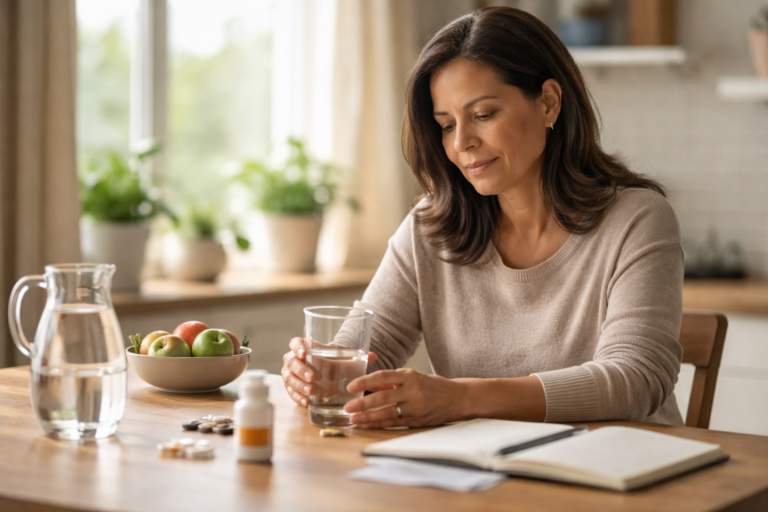 A woman sits at a wooden table holding a glass while looking down in a softly lit kitchen