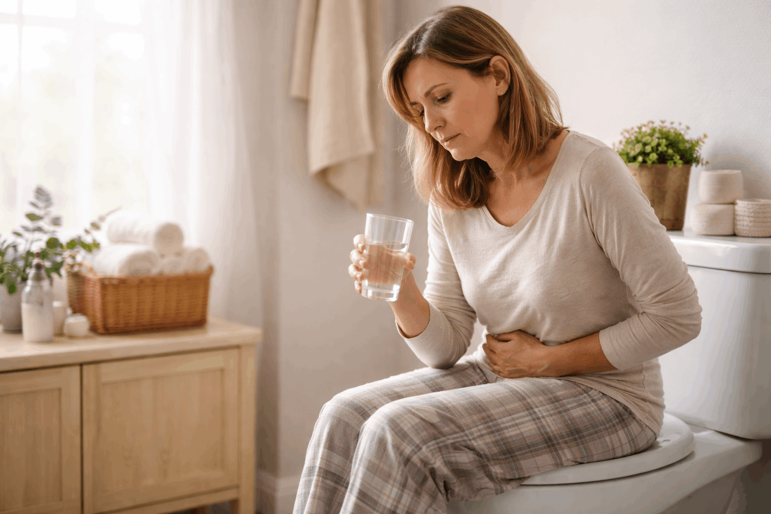 A woman sits on the edge of a toilet holding a glass of water, looking down thoughtfully