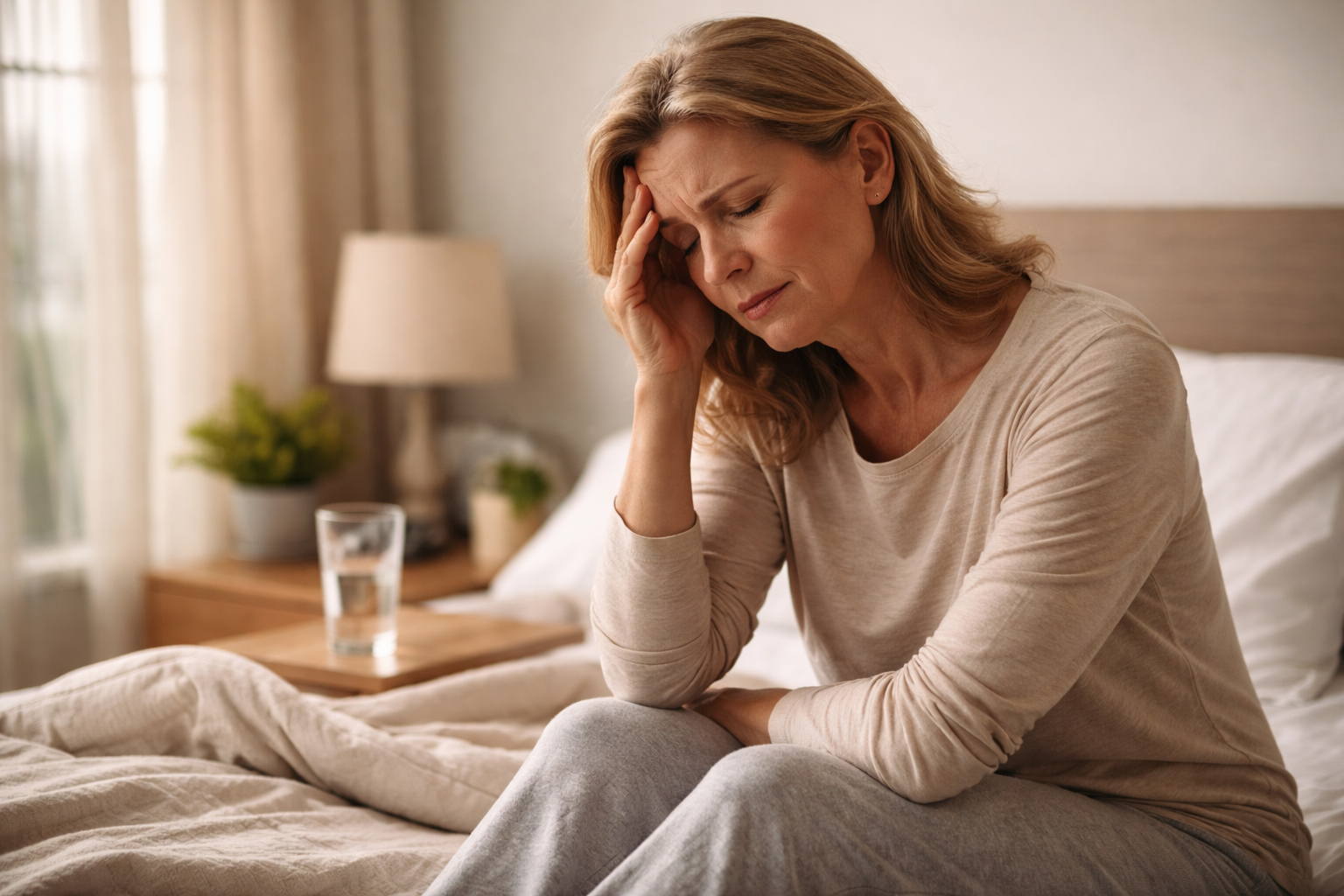 A woman sitting on a bed with her hands gently pressed to her head in a softly lit room