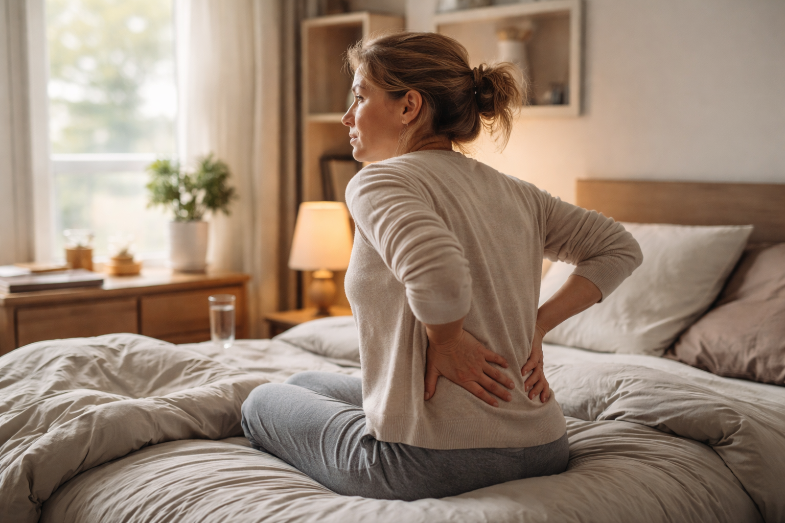 Woman sitting quietly by window with soft morning light
