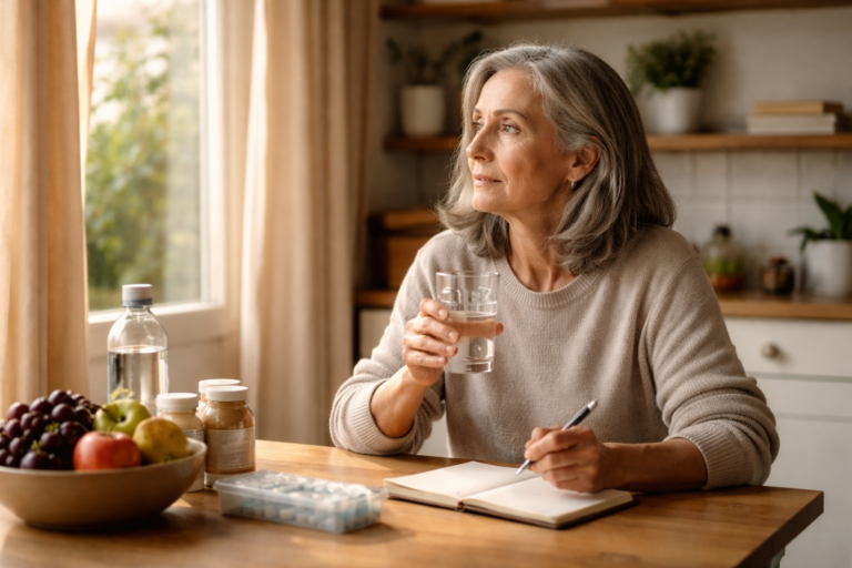 A woman with gray hair sits at a wooden table holding a glass of water, looking out a sunlit window