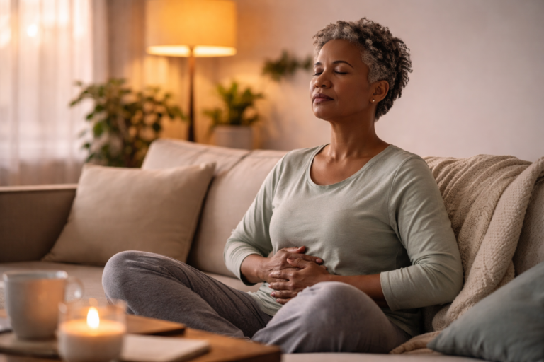 A woman sits cross-legged on a sofa with her eyes closed in a softly lit living room