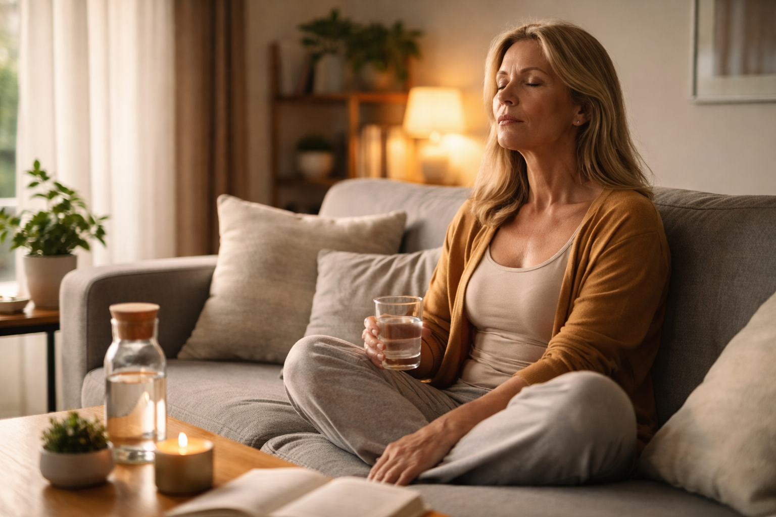 A woman sitting cross-legged on a couch holding a glass of water with her eyes closed