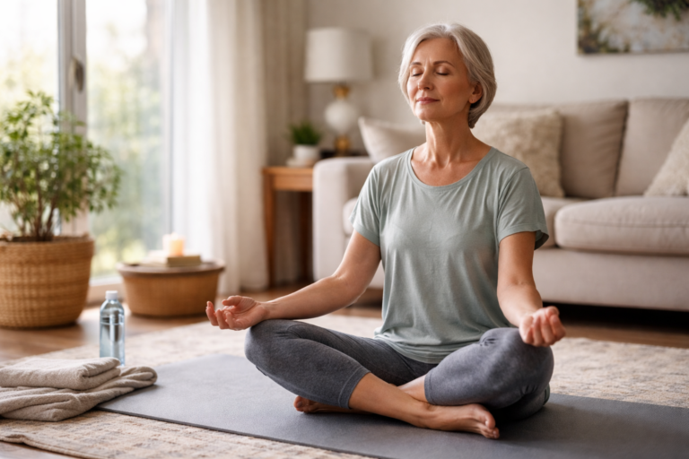 A woman with short gray hair sits cross-legged on a yoga mat in a softly lit living room