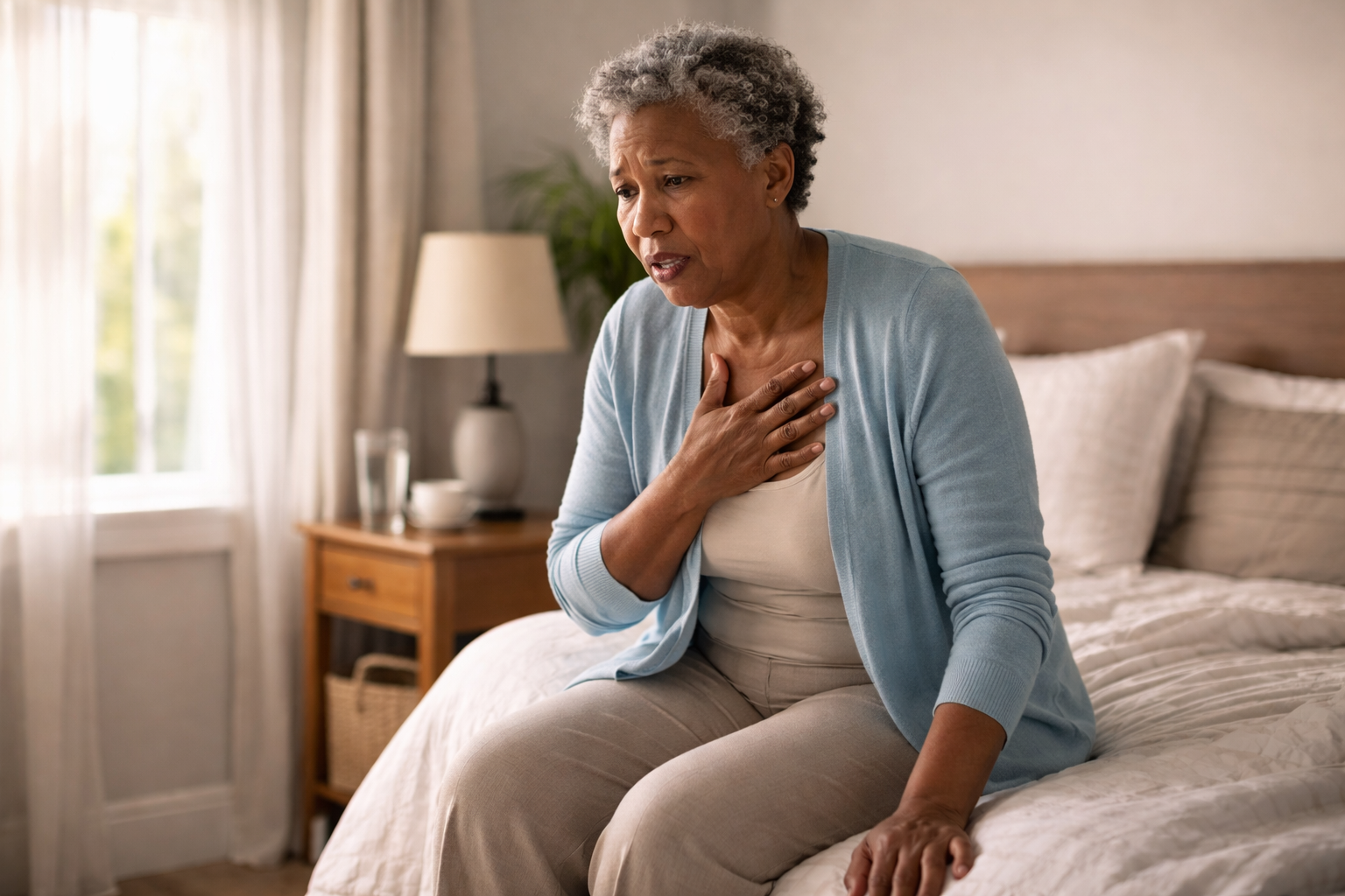 Older woman sitting on bed holding chest in softly lit bedroom
