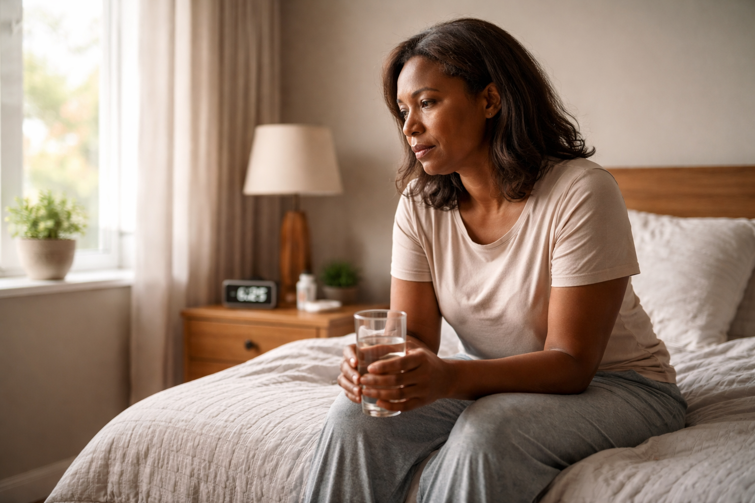 A woman sits on the edge of a bed holding a glass of water while looking out the window