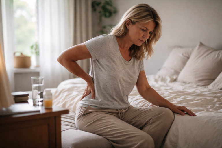 A woman sitting on the edge of a bed gently holding her lower back in a softly lit room