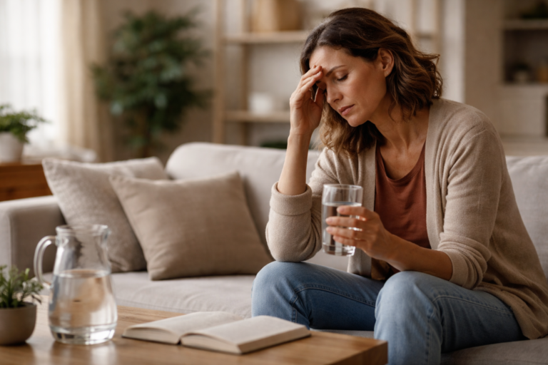 A woman sitting on a couch holding a glass of water while resting her head in her hand