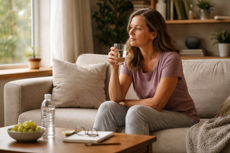 A woman sitting on a couch holding a glass of water and looking toward a window