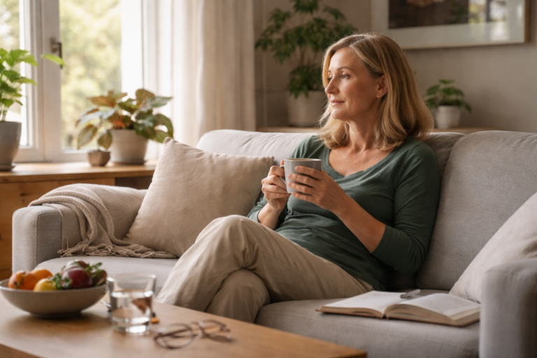 A woman sitting on a light gray sofa holding a mug and looking out a sunlit window