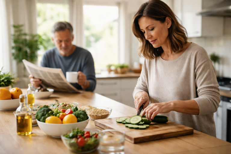 A woman slices cucumber on a wooden board in a sunlit kitchen