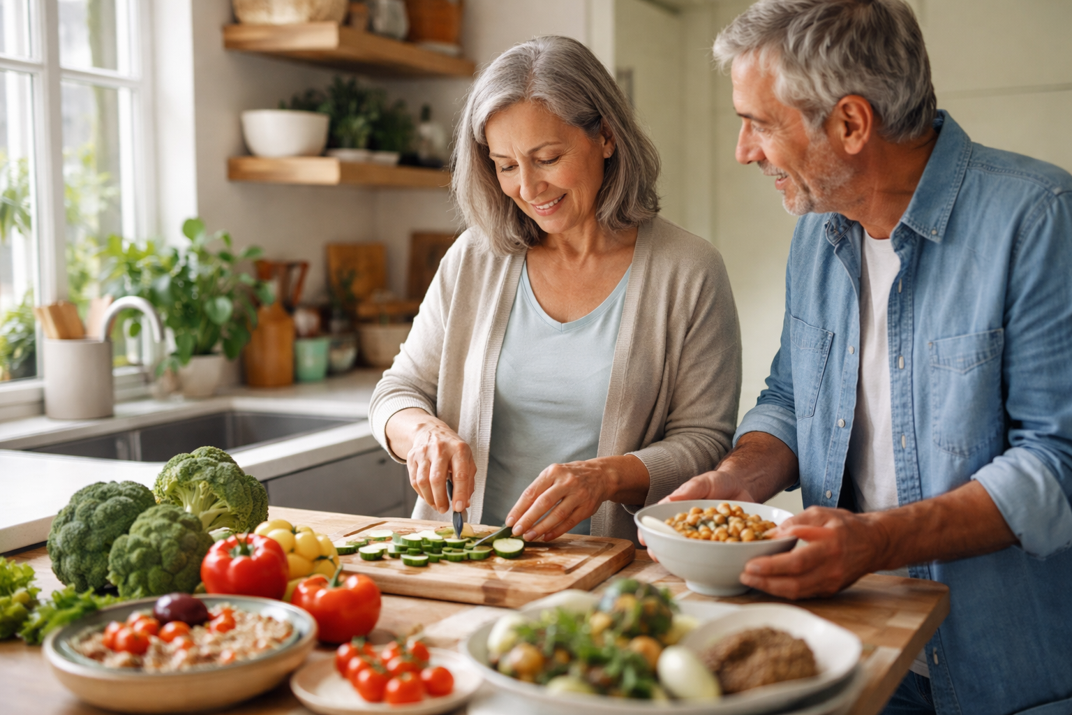 A woman slicing cucumber on a wooden board in a sunlit kitchen