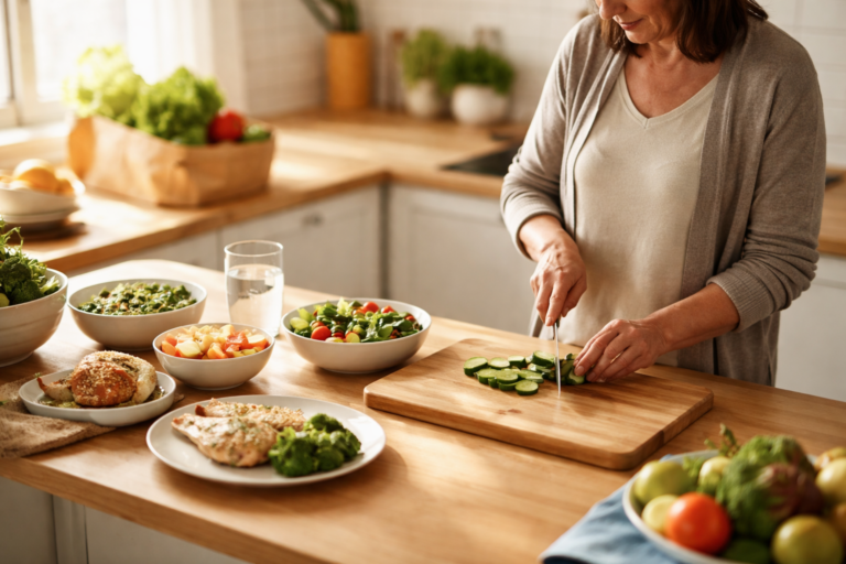A woman slices fresh cucumbers on a wooden cutting board in a sunlit kitchen