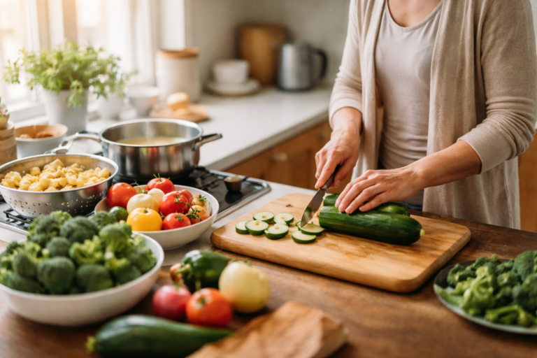 A woman slices zucchini on a wooden cutting board in a bright kitchen