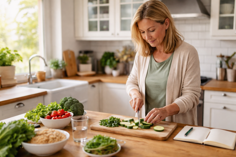 A woman cutting zucchini on a wooden board in a bright kitchen with sunlight coming through the window