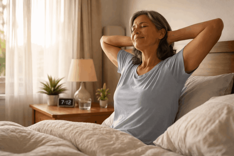A woman sitting up in bed stretching with sunlight coming through the window