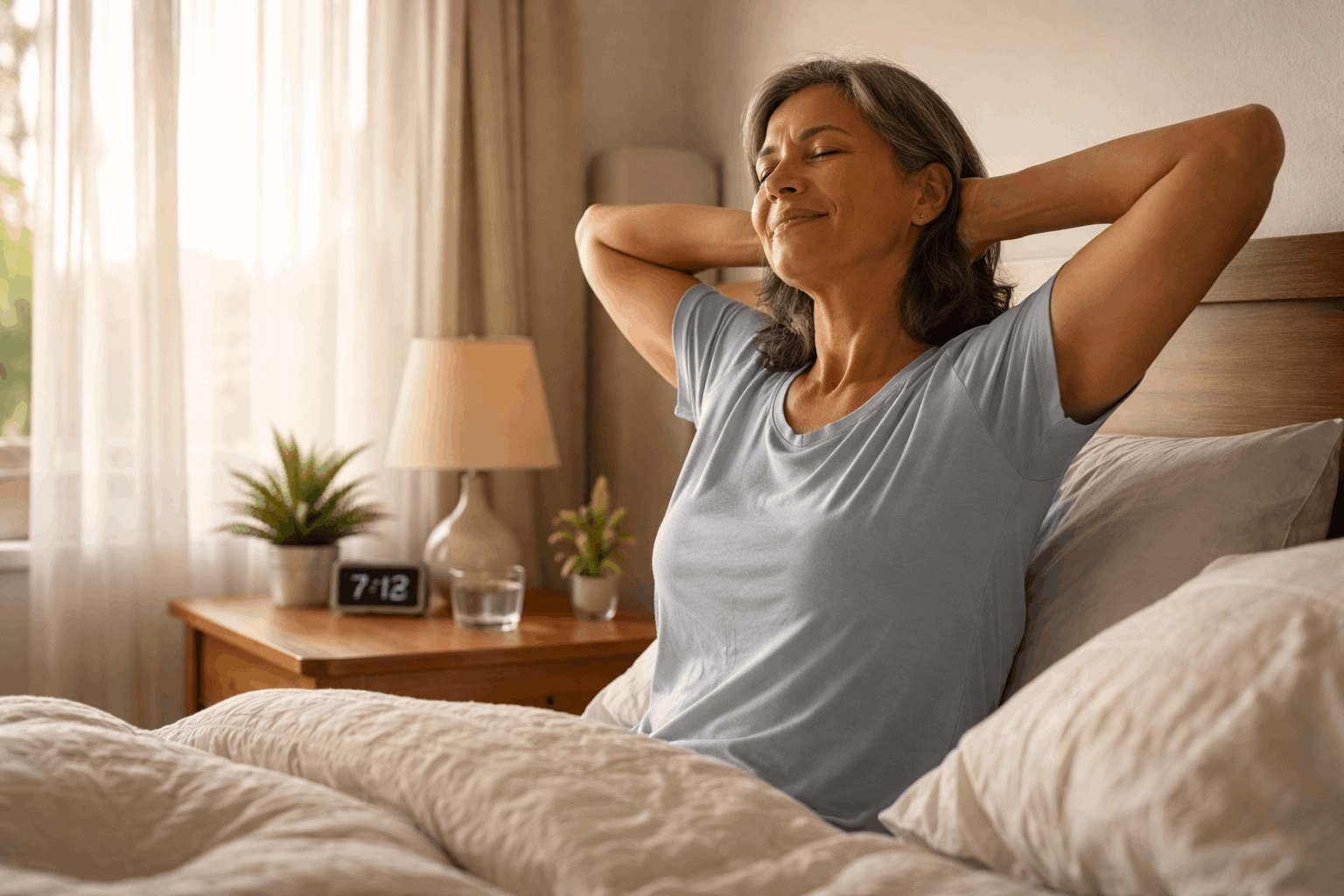 A woman sitting up in bed stretching with sunlight coming through the window