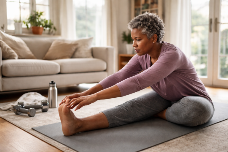A woman sits on a yoga mat reaching toward her foot in a bright living room