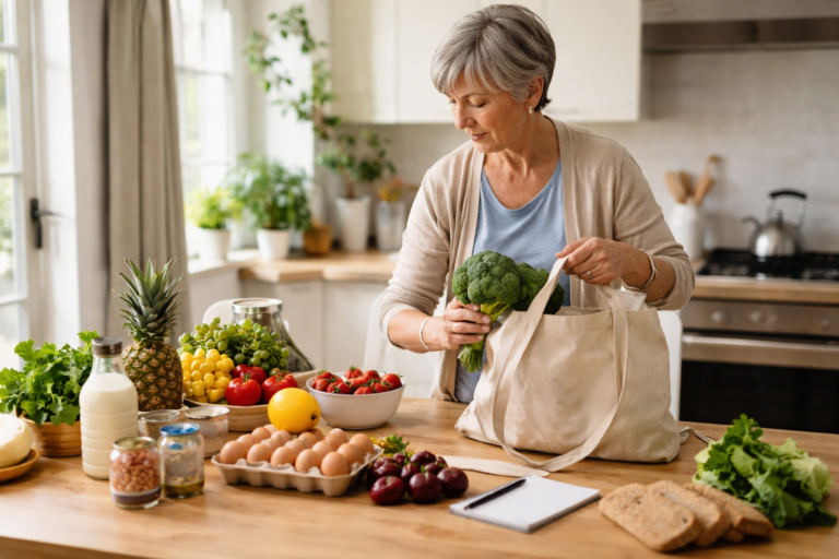 A woman placing fresh vegetables from a cloth bag onto a wooden kitchen counter in soft daylight