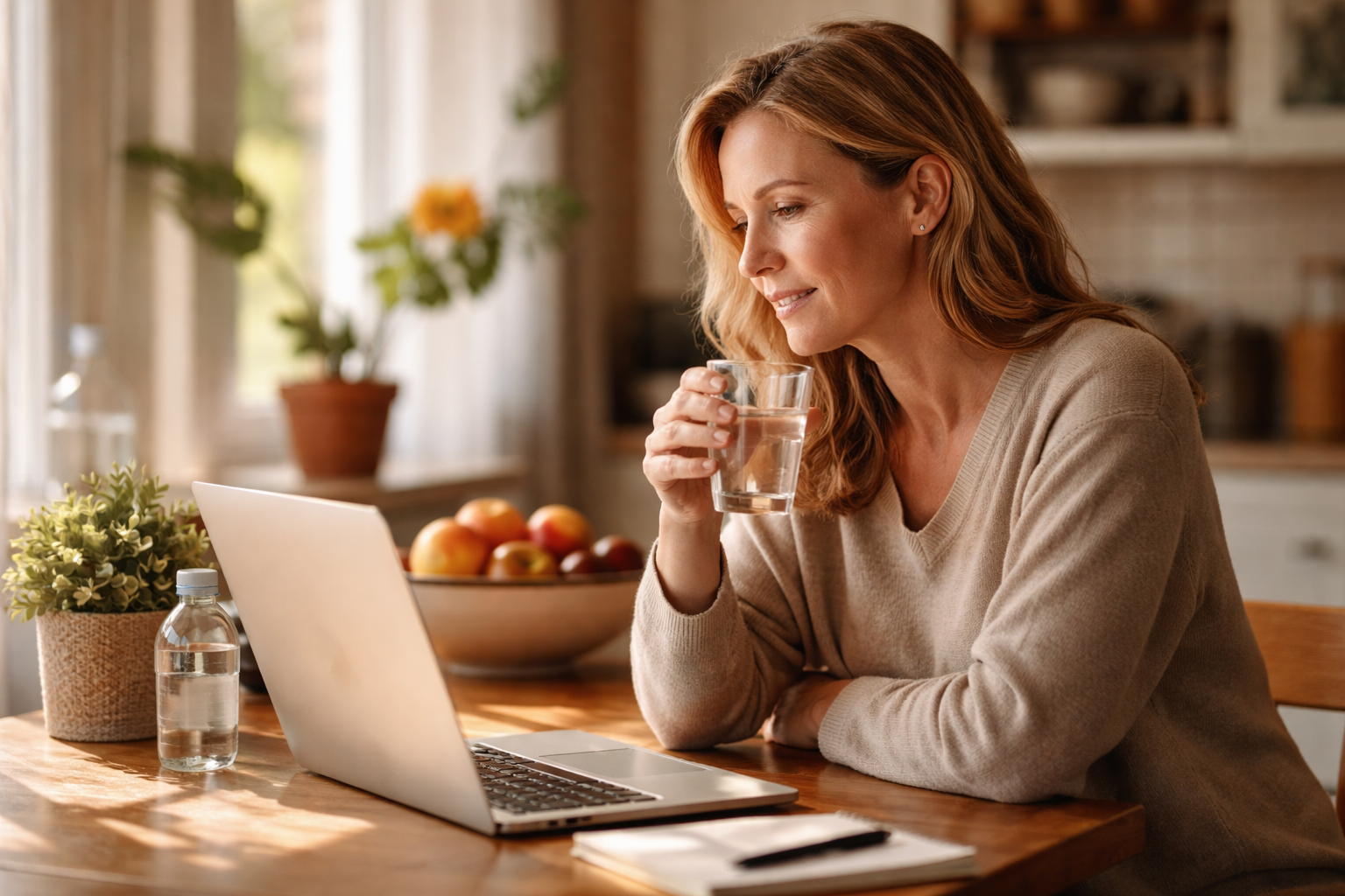 woman holding a glass of water while looking at laptop